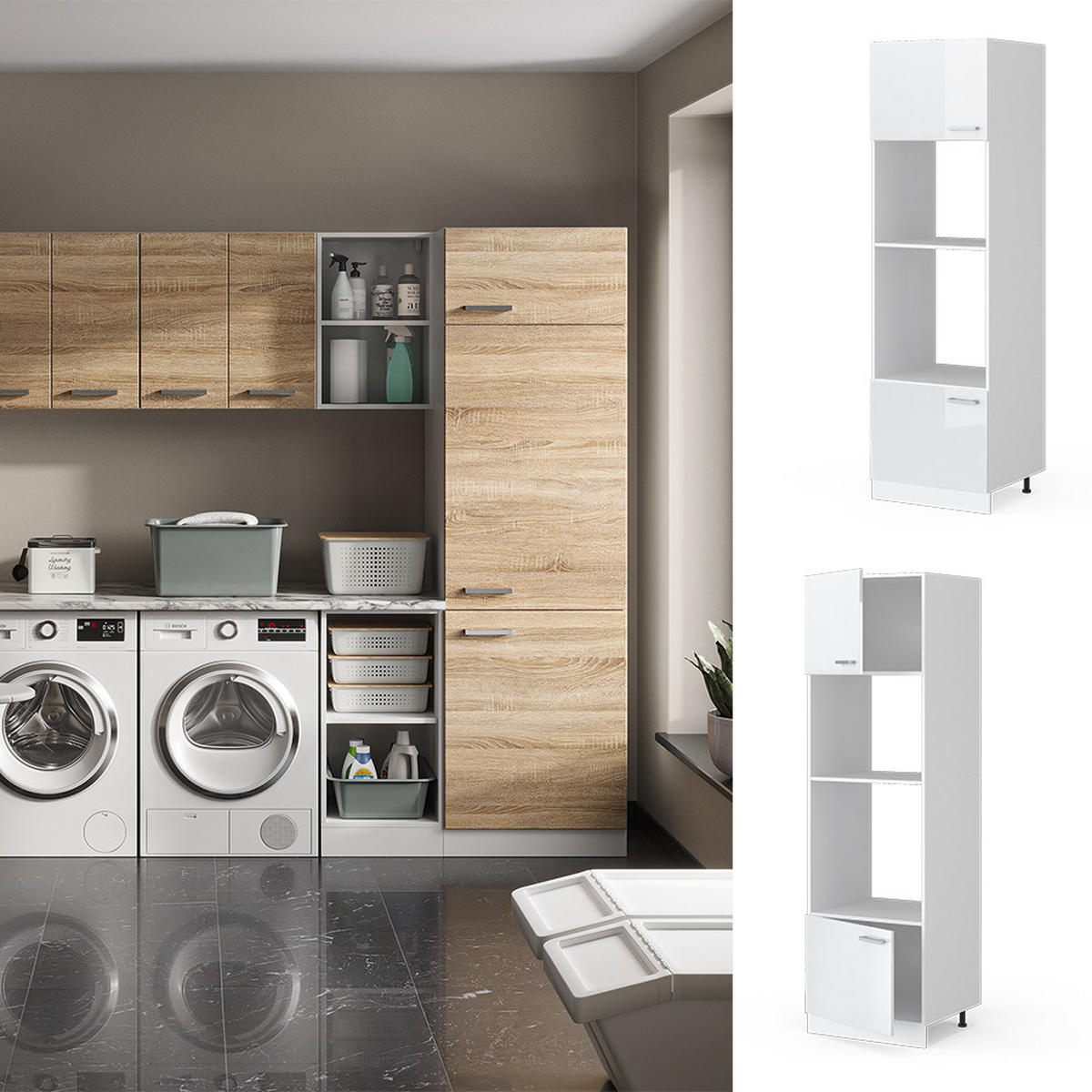 HOCHSCHRANK R-Line Weiß Hochglanz 60 cm mit offenen Regalen, und Türen - Weiß Hochglanz/Weiß, Holzwerkstoff (60/207/57.2cm) - Vicco