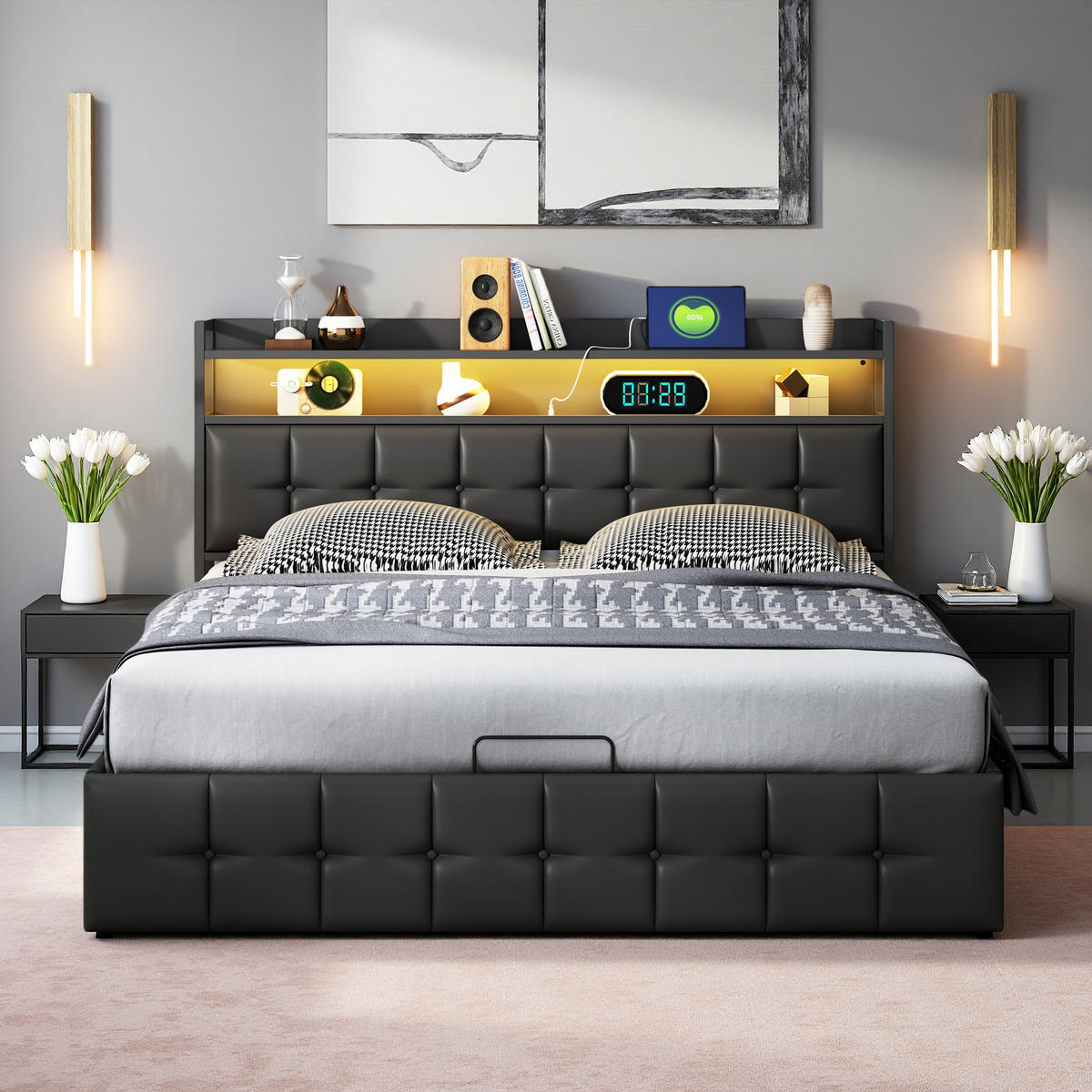 POLSTERBETT 160x200 cm LED Kopfteil Lattenrost PU Leder schwarz - Schwarz, Holz (160/200cm) - Fortuna Lai