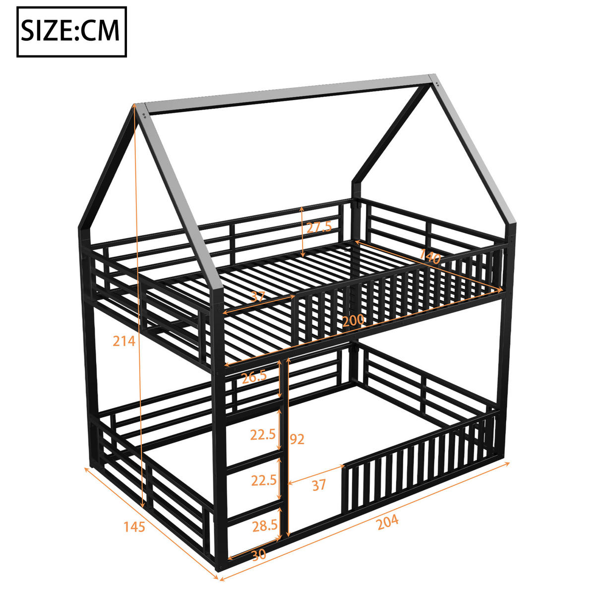 ETAGENBETT in Hausform mit LED-Licht 140x200 cm Metall Schwarz - Schwarz, Metall (140/200cm) - Beauniv