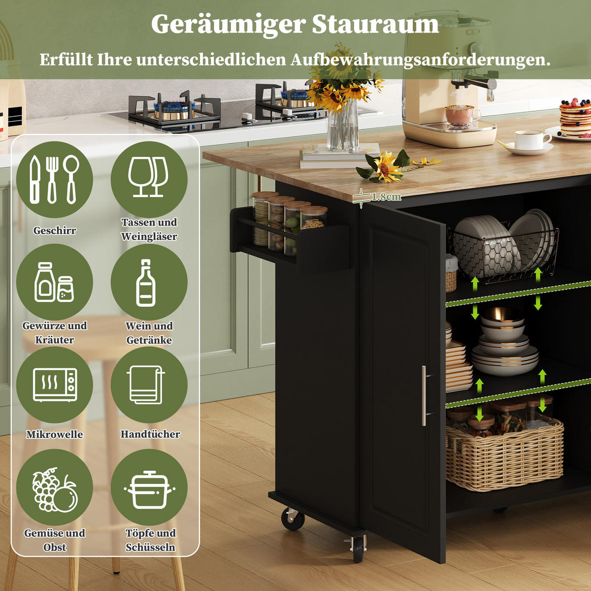 KÜCHENINSEL 137x76x92cm Schwarz mit Klappplatte, Schrank, 3 Schubladen & Rollen - Schwarz, Holzwerkstoff (137/92/76cm) - Modfu