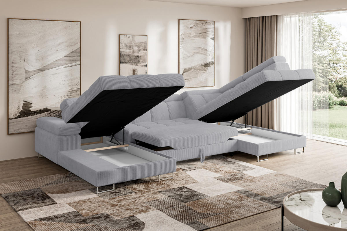 WOHNLANDSCHAFT mit Schlaffunktion und Bettkasten Ottomane RECHTS COMA U 345x203x79 Grau Cord - Anthrazit, Holzwerkstoff/Textil (203/79/345cm) - ALTDECOR