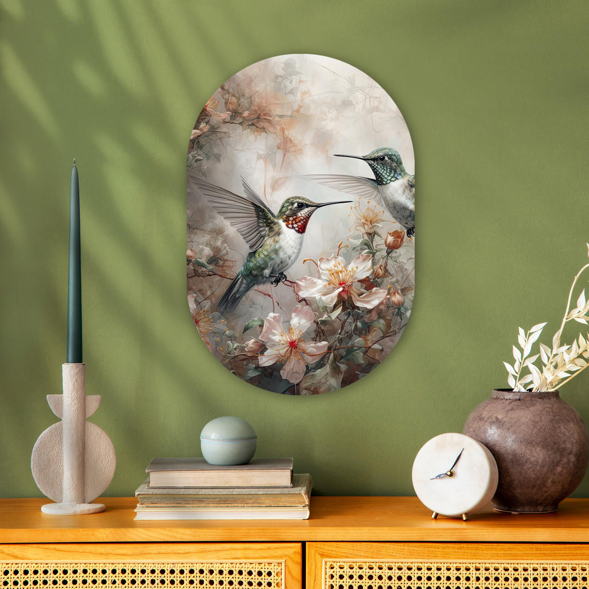 WANDBILD Kolibri - Vögel - Blumen - Pflanzen 40x60 cm - Hellgrün, Kunststoff (40/60cm) - MuchoWow