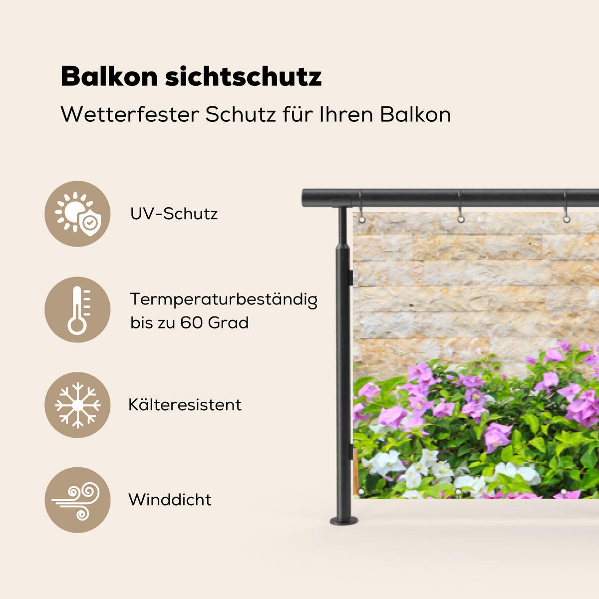 BALKON-SICHTSCHUTZ Blumen - Pflanzen - Blätter - Steine - Pink, Kunststoff (500/90cm) - MuchoWow