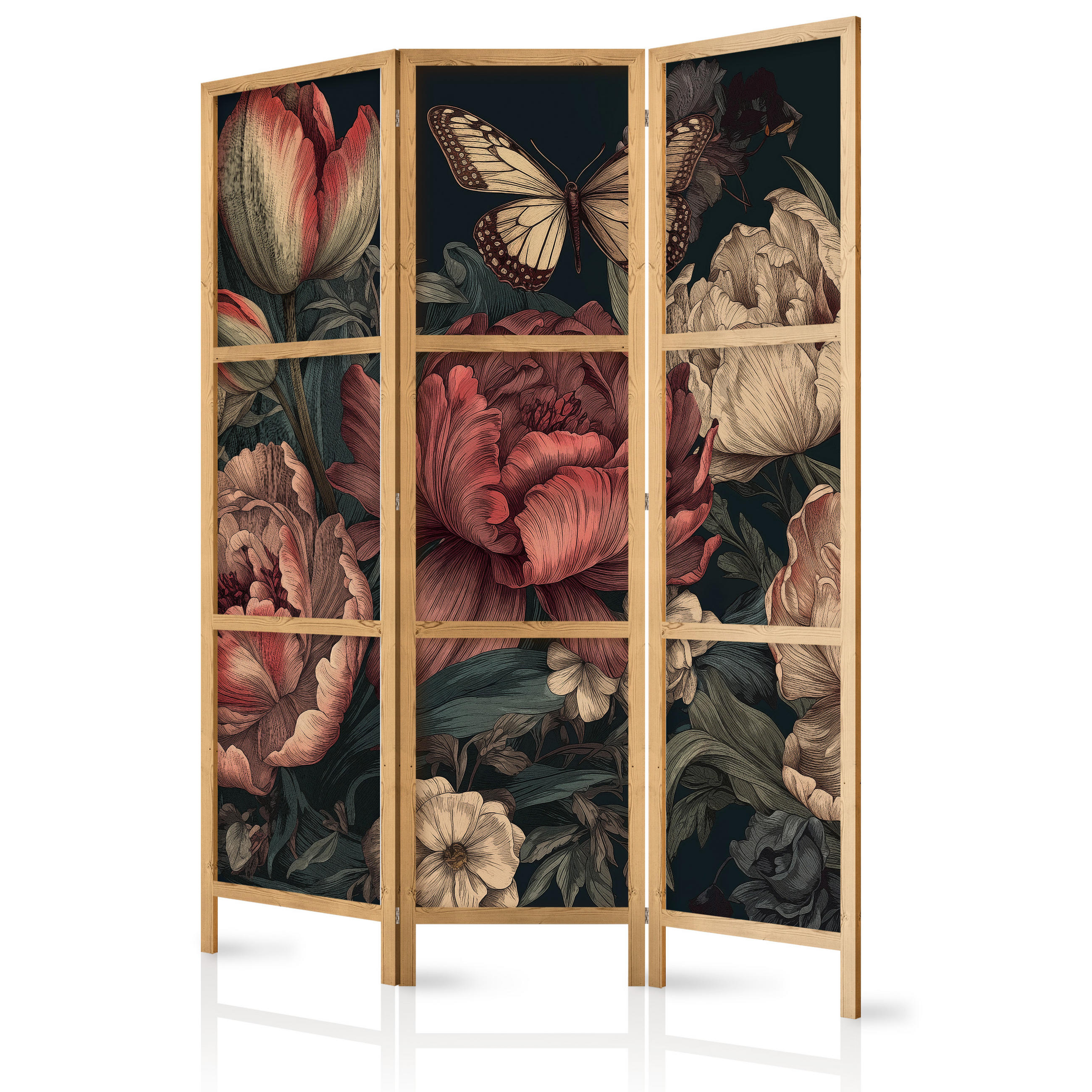 PARAVENT Japanischer 3-tlg 135x172 cm Pflanzen Blumen - Multicolor, Holz/Textil (135/172/3cm) - Muralo