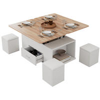 COUCHTISCH aus Spanplatte 100x50x45 cm Weiß/Naturholzfarben höhenverstellbar mit Schublade, 4 Hockern und Rollen - Weiß, Holzwerkstoff (100/50/45cm) - Modfu