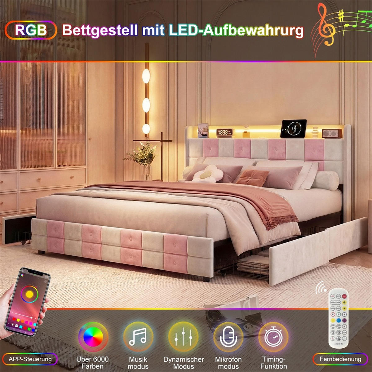 POLSTERBETT 140x200 cm - mit LED-Beleuchtung&USB-Ladefunktion und 4 Schubladen - ohne Matratze - Weiß-Rosa - Pink, Textil (140/200cm) - DELFA