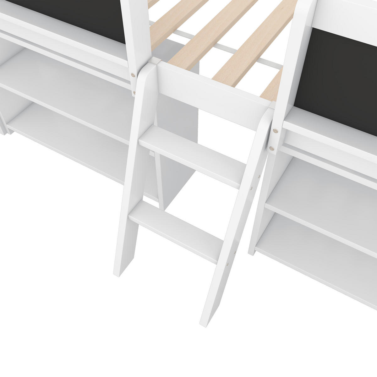 HALBHOHES BETT 90x200cm Weiß Kiefer Einlegeböden Geländer Leiter - Weiß, Holz (90/200cm) - FLIEKS
