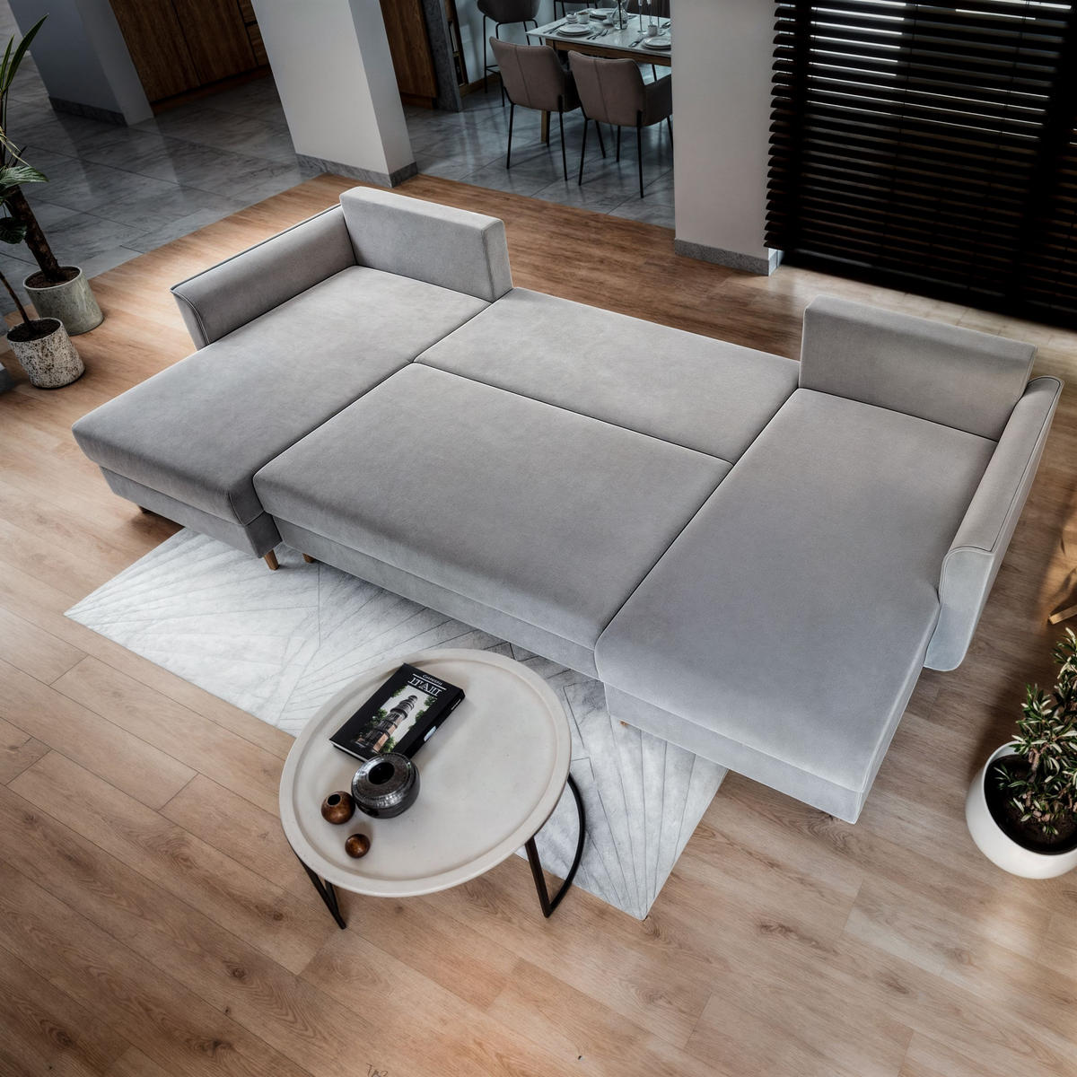 WOHNLANDSCHAFT VERNI Rosa Plüsch-Stoff mit Schlaffunktion - Rosa, Holz (285/91/143cm) - MASSENO