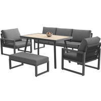 GARTENLOUNGE 184/64/80 cm grau aus Metall, Glas und Polyester mit Tisch und Kissen - Grau, Metall - OKWISH