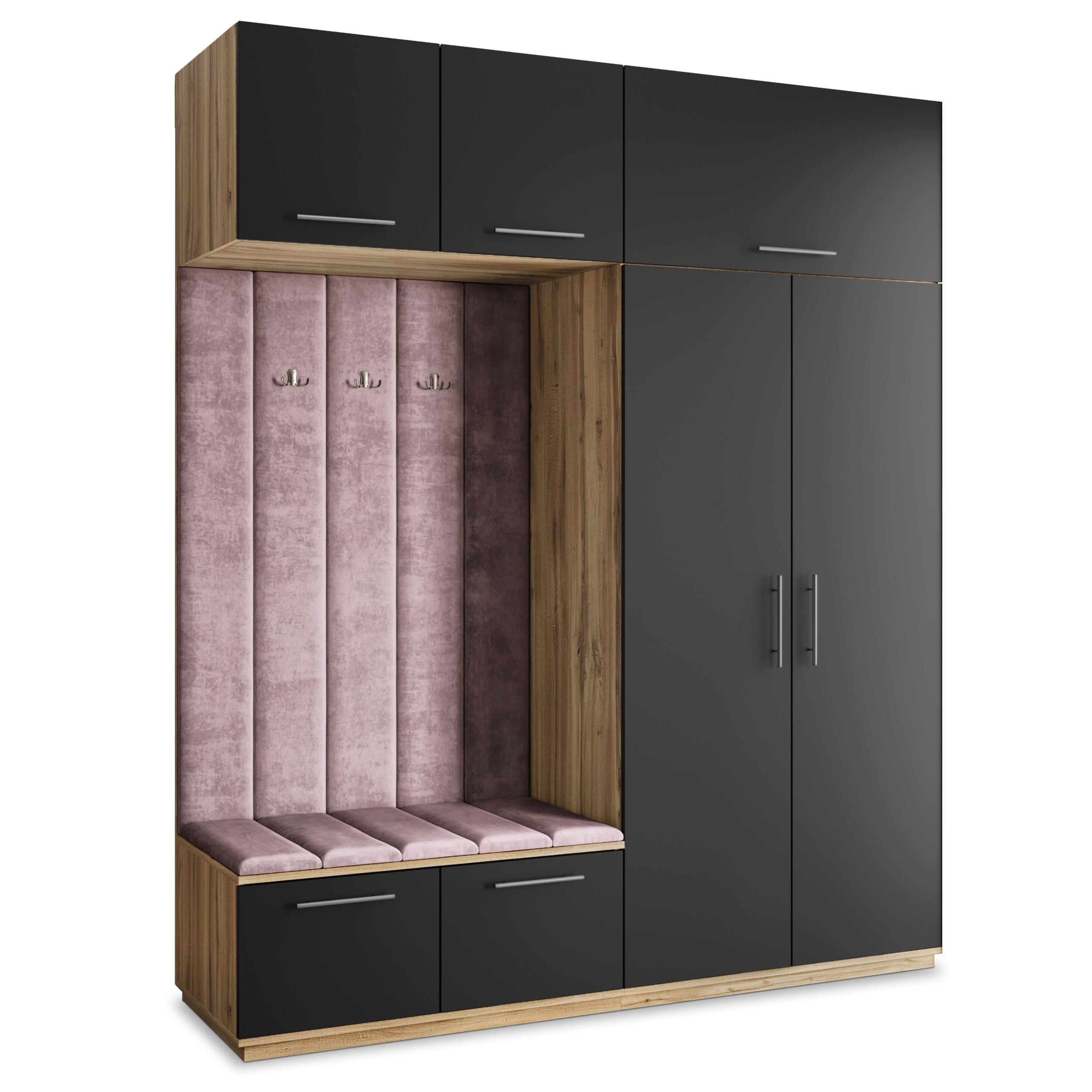 Masseno Garderobenschrank Eiche Wotan, Schwarz, Lila 200x240x60 cm