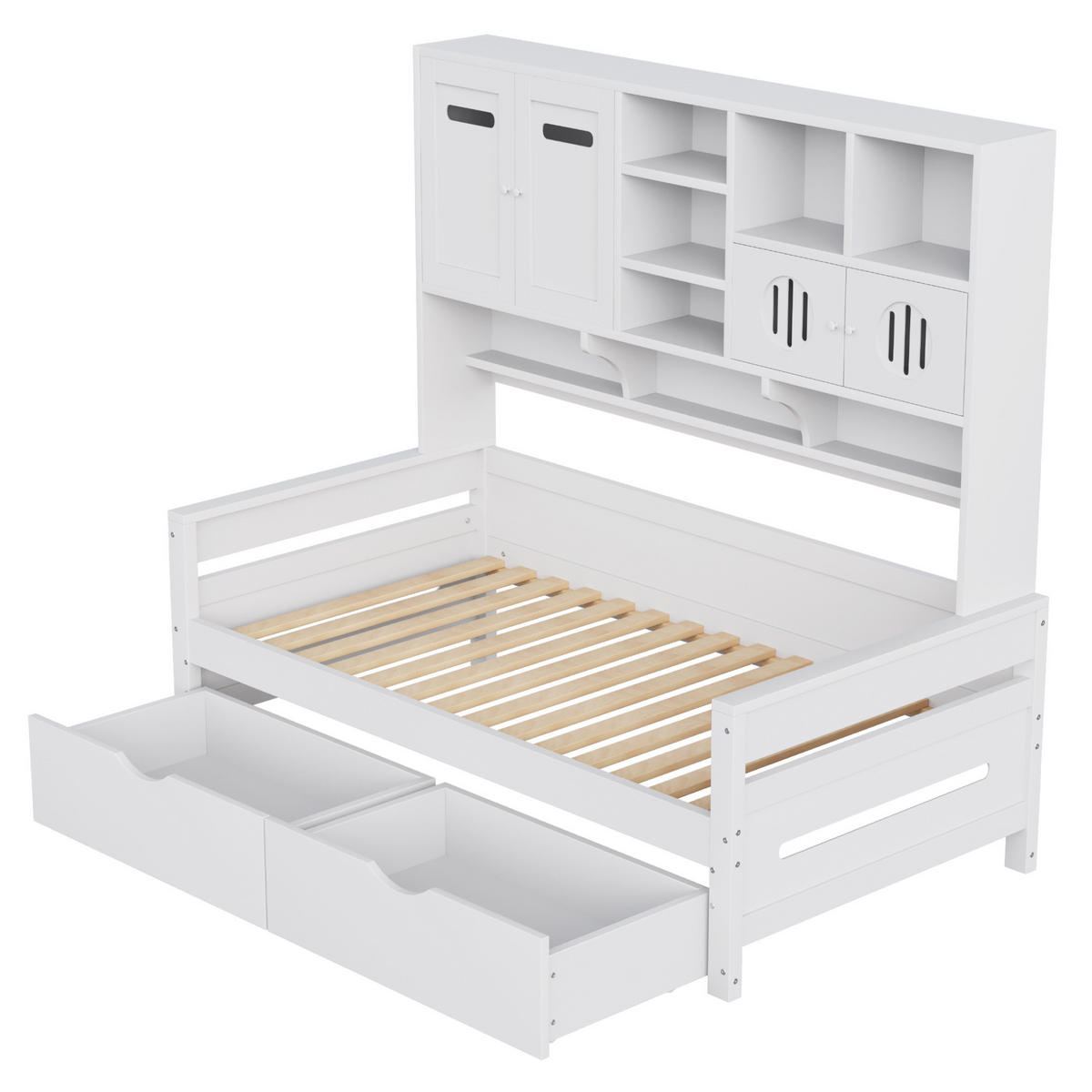 KREVET 90/200 cm s multifunkcionalnim spremištem, 2 velikim ladicama i letvičastim podnicama, Bijela - bijela, drvni materijal (90/200cm) - Redom