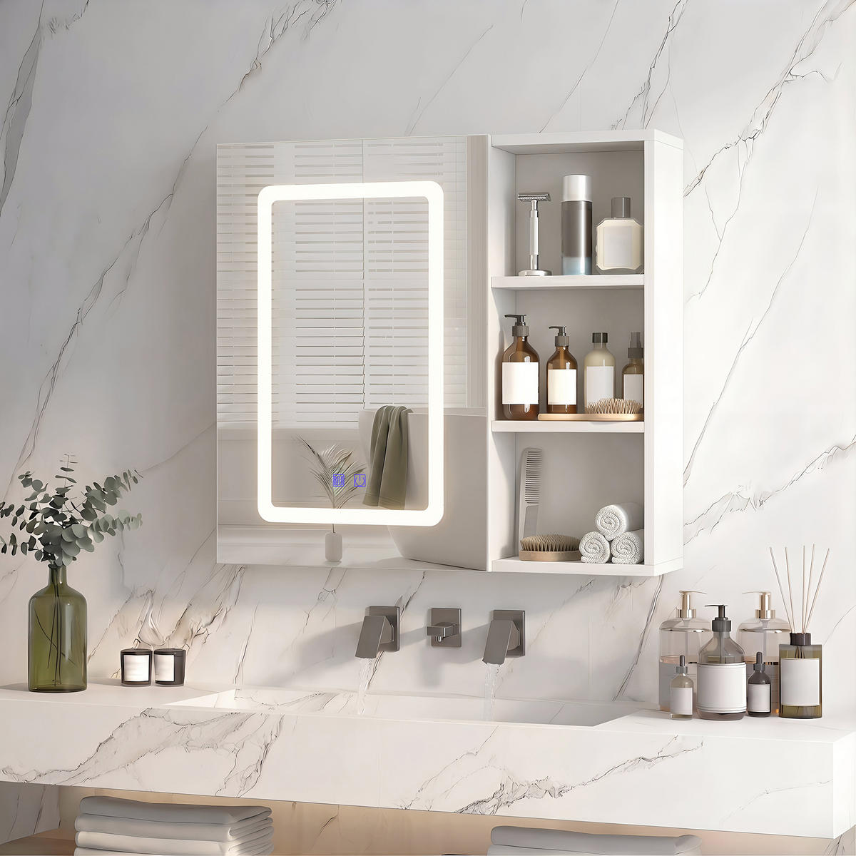 SPIEGELSCHRANK LED 60x60cm 1-türig mit verstellbaren Böden - Weiß, Glas (60.2/60.2/15.2cm) - SHOPENTRA