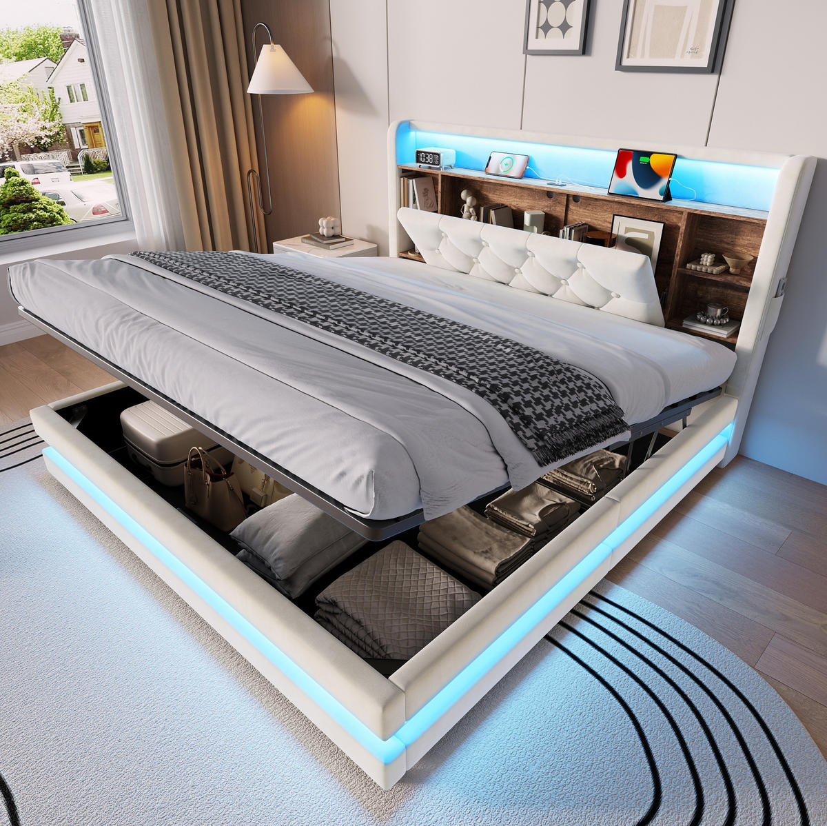 POLSTERBETT aus Samt 140x200 cm Beige mit Bettkasten, LED-Beleuchtung und USB-/Type-C-Anschlüssen - Beige, Textil (140/200cm) - Modfu
