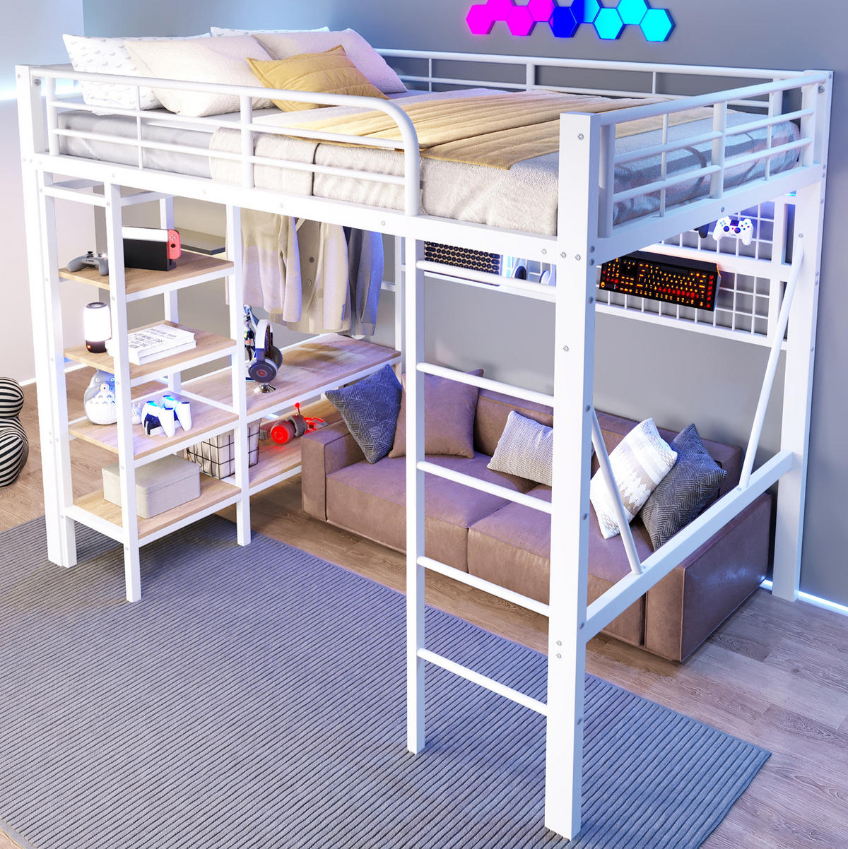 HOCHBETT aus Metall und MDF 140x200 cm Weiß mit LED-Beleuchtung, Ablagefach und Hängenetz - Weiß, Metall (140/200cm) - IVMEU
