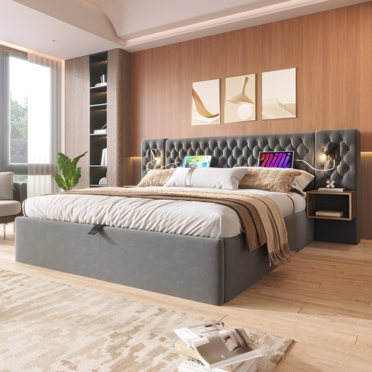 POLSTERBETT 160/200 cm mit hydraulischem Bettkasten, LED-Leselicht & USB/Type-C, Grau Samt - Grau, Textil (160/200cm) - Redom
