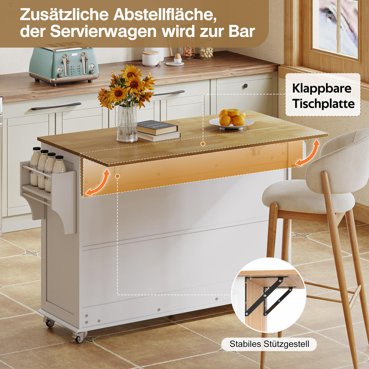 KÜCHENINSEL mit Rollen 140/43(70)/90,5 cm Weiß mit Klappplatte, 3 Schubladen, 4 Türen und Handtuchhalter - Weiß, Holz/Holzwerkstoff (140/93/70cm) - Oxeza