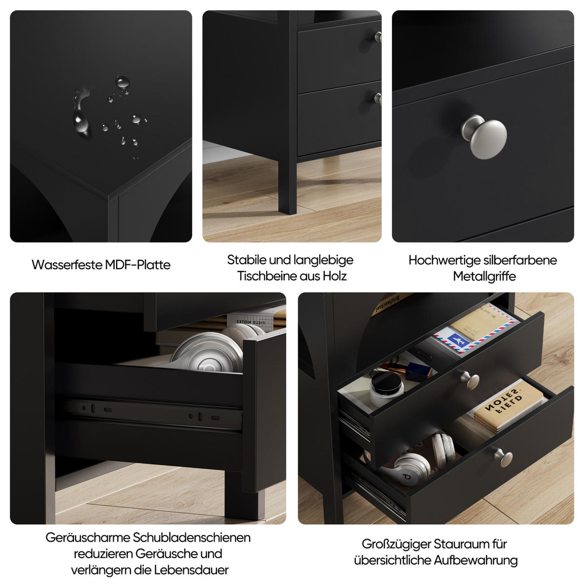 NACHTTISCH aus MDF mit 2 Schubladen & offenem Fach, 45/40/58 cm, Schwarz - Schwarz, Holzwerkstoff (40/58/45cm) - Redom