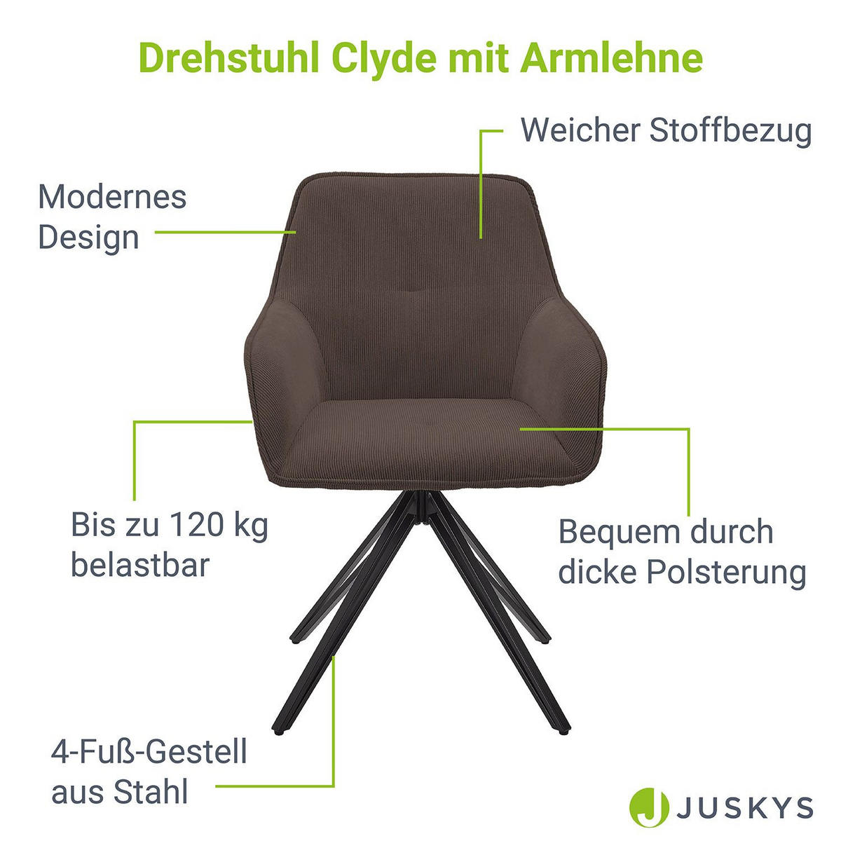 DREHSTUHL Clyde mit Armlehne cord braun (2er-Set) - Braun, Textil (57/85/61cm) - Juskys
