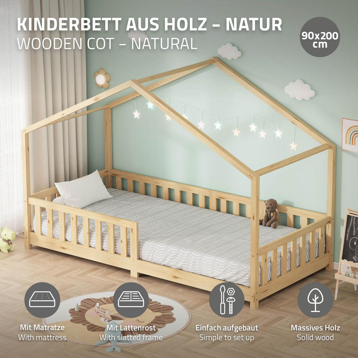HAUSBETT mit Matratze 90x200 cm H:16cm Natur aus Kiefernholz mit Rausfallschutz - Beige, Holz (90/200cm) - ML-DESIGN