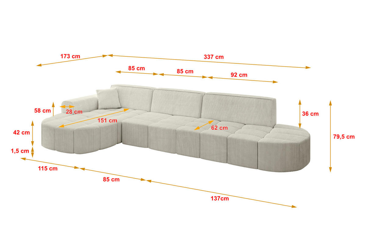 ECKSOFA Ottomane Links LIVO-L2 - 337x173x79,5 cm Hellgrau - Hellgrau, Holzwerkstoff/Textil (337/173cm) - ALTDECOR