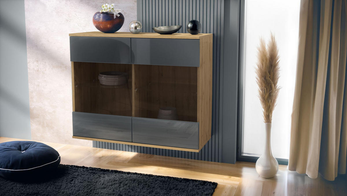 KOMMODE Bari Grau Hochglanz - Grau, Holzwerkstoff (92.5/73.5/35cm) - Vladon