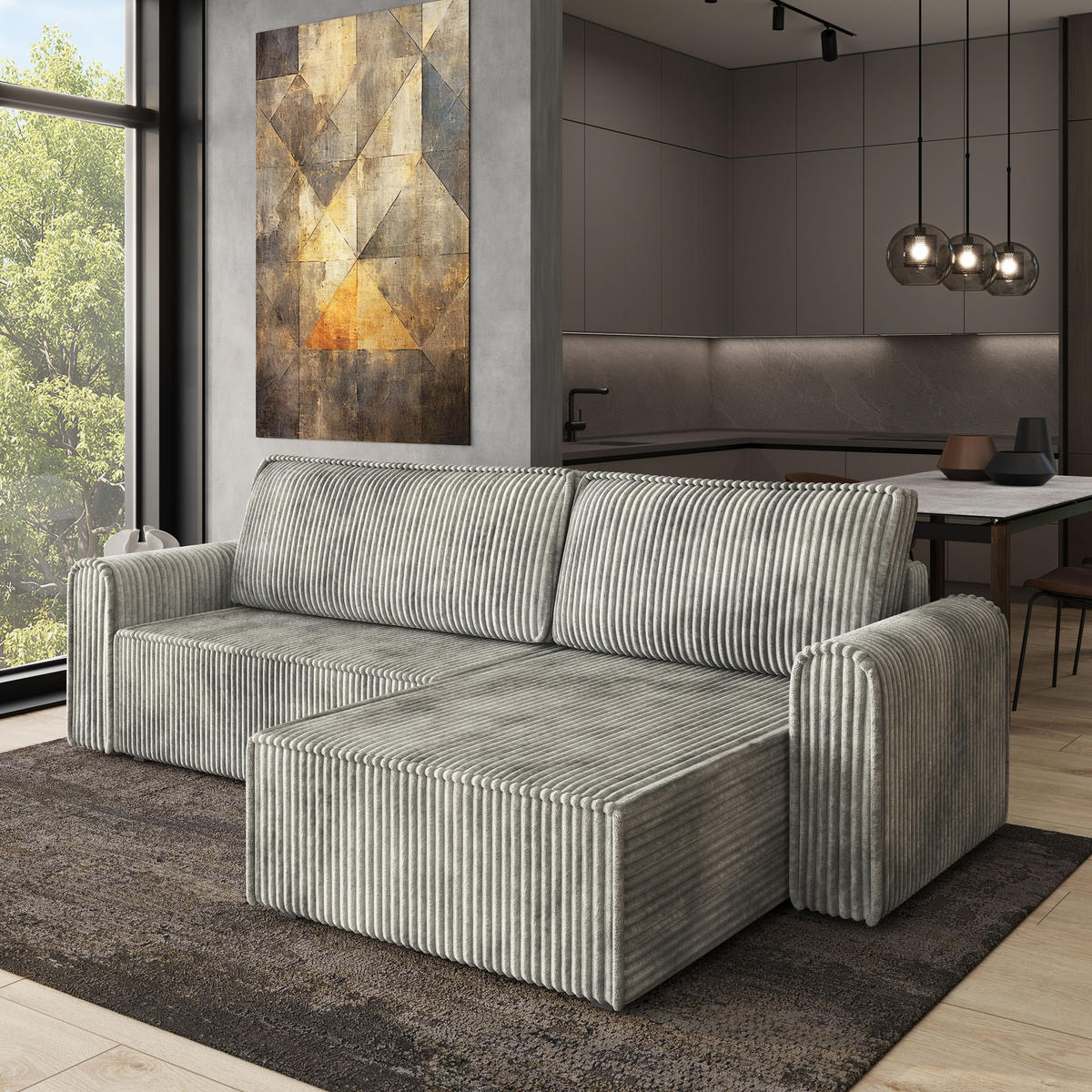 ECKSOFA VALTINO Hellgrau Kordstoff mit Schlaffunktion - Hellgrau, Holz (275/148cm) - MASSENO