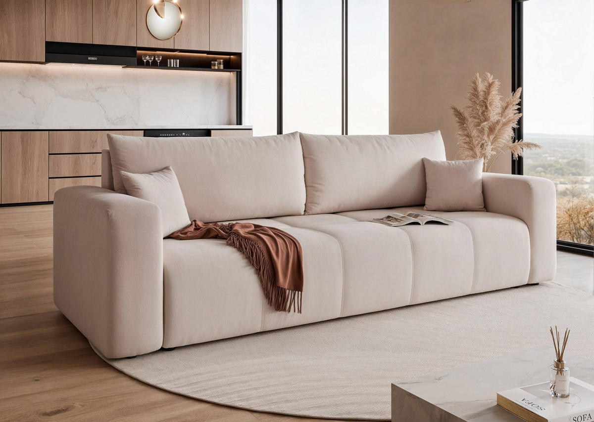 SCHLAFSOFA Velours mit Bettkasten und Schlaffunktion - Beige, Holzwerkstoff/Textil (246/79/93cm) - Idohome