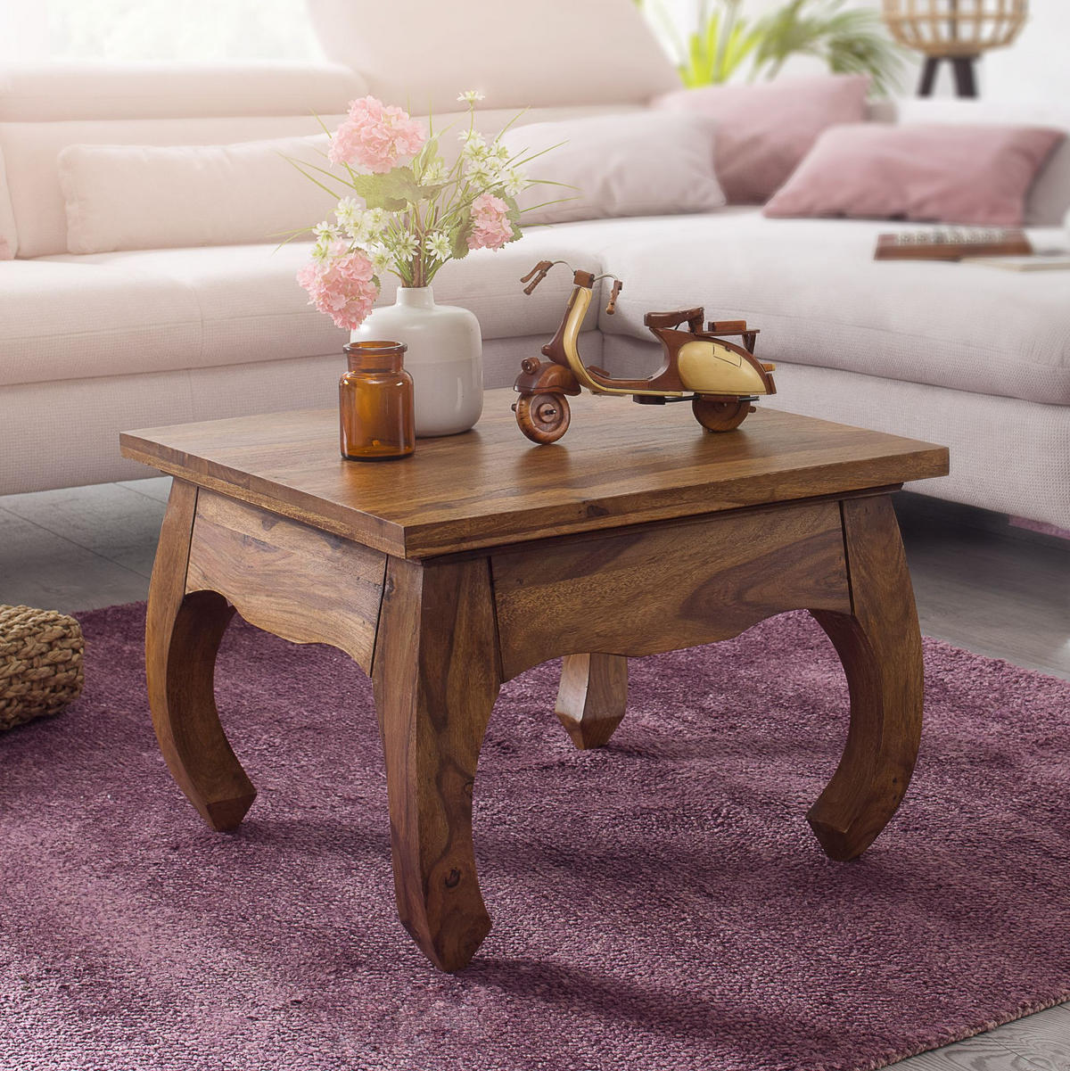 COUCHTISCH Sheesham Holz 60x60 cm, Landhausstil, handgefertigt, Opium-Form - Braun, Holz (60/60/40cm) - KADIMA DESIGN