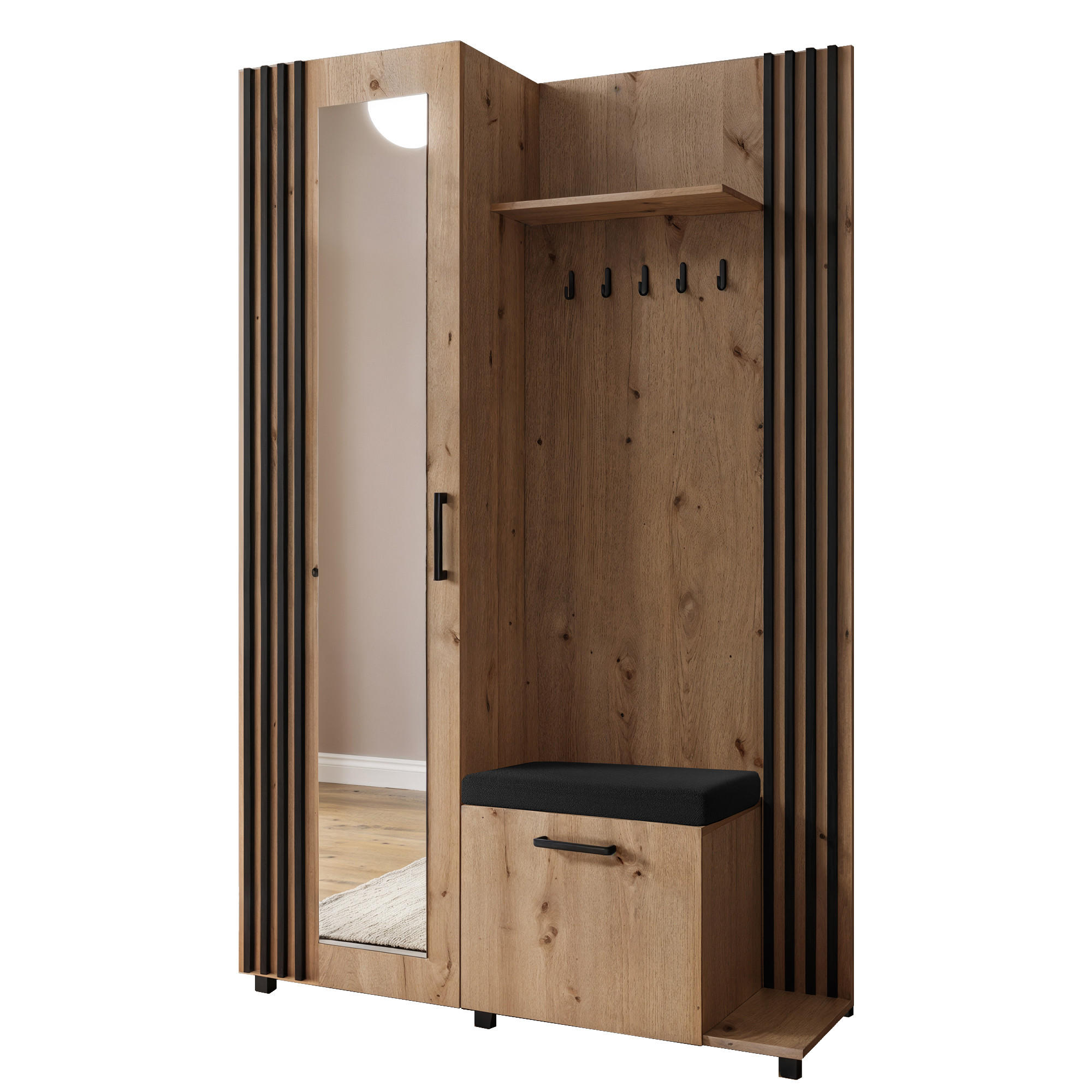 GARDEROBE Neli mit Lamellen und Spiegel, rechts, artisan, schwarz - Schwarz/Eiche Artisan, Kunststoff (42/207/79cm) - Margaret Hadas24