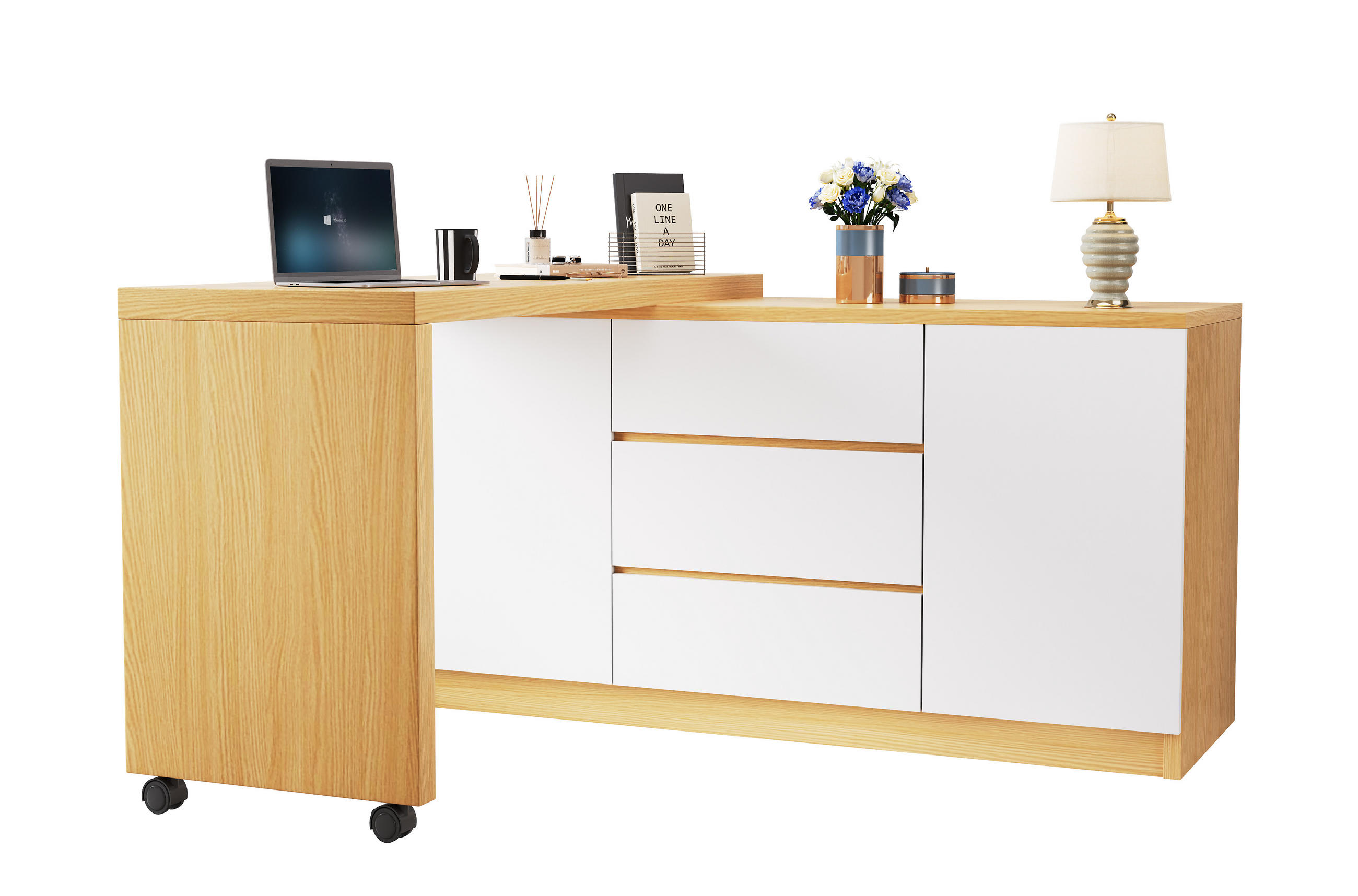 STILVORA PSACÍ STŮL v bílé a dubové barvě s otočnou deskou a kolečky do pracovny, 120×50×76,5 cm