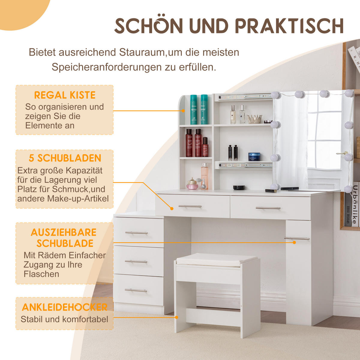 SCHMINKTISCH 40,5/100/136 cm Weiß 10 LEDs mit Spiegel Stauraum aus MDF - Weiß, Holzwerkstoff (40.5/136/100cm) - OKWISH