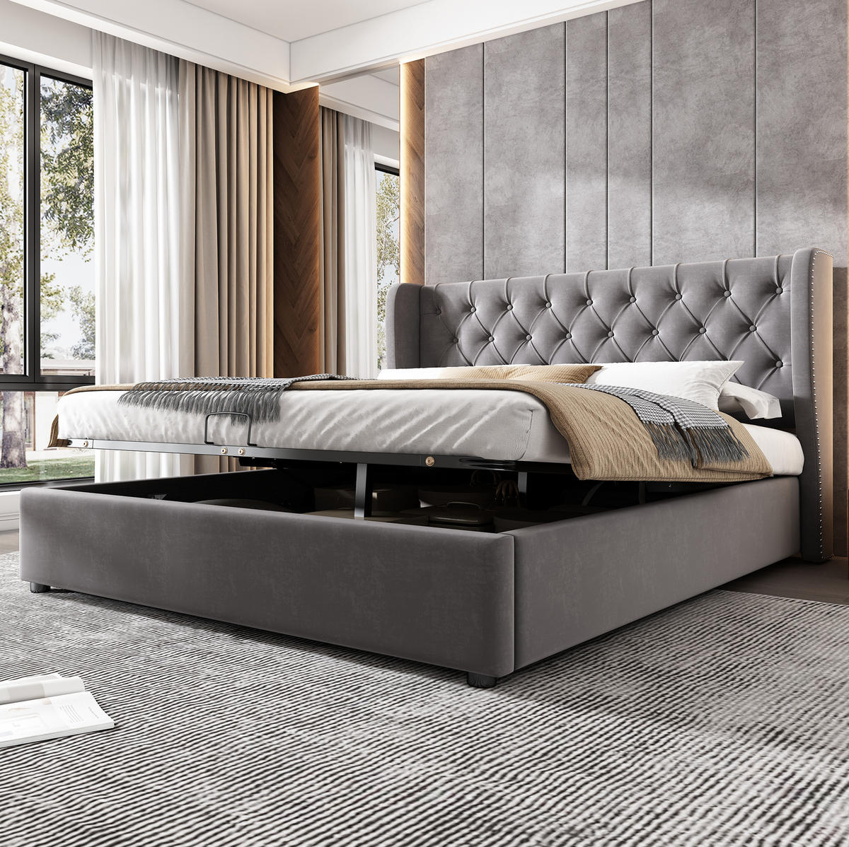 ČALÚNENÁ posteľ z zamatu 140x190 cm sivá s hydraulickým úložným priestorom a lamelovým roštom - sivá, textil (140/190cm) - Modfu