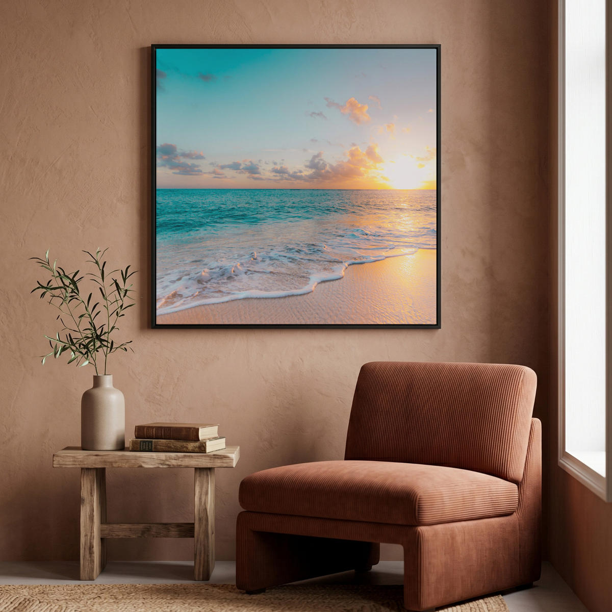 LEINWAND Bilder mit Rahmen - Sonnenuntergang - Strand - Meer - Sommer - Blau - 90x90 - Multicolor, Textil (90/90cm) - MuchoWow