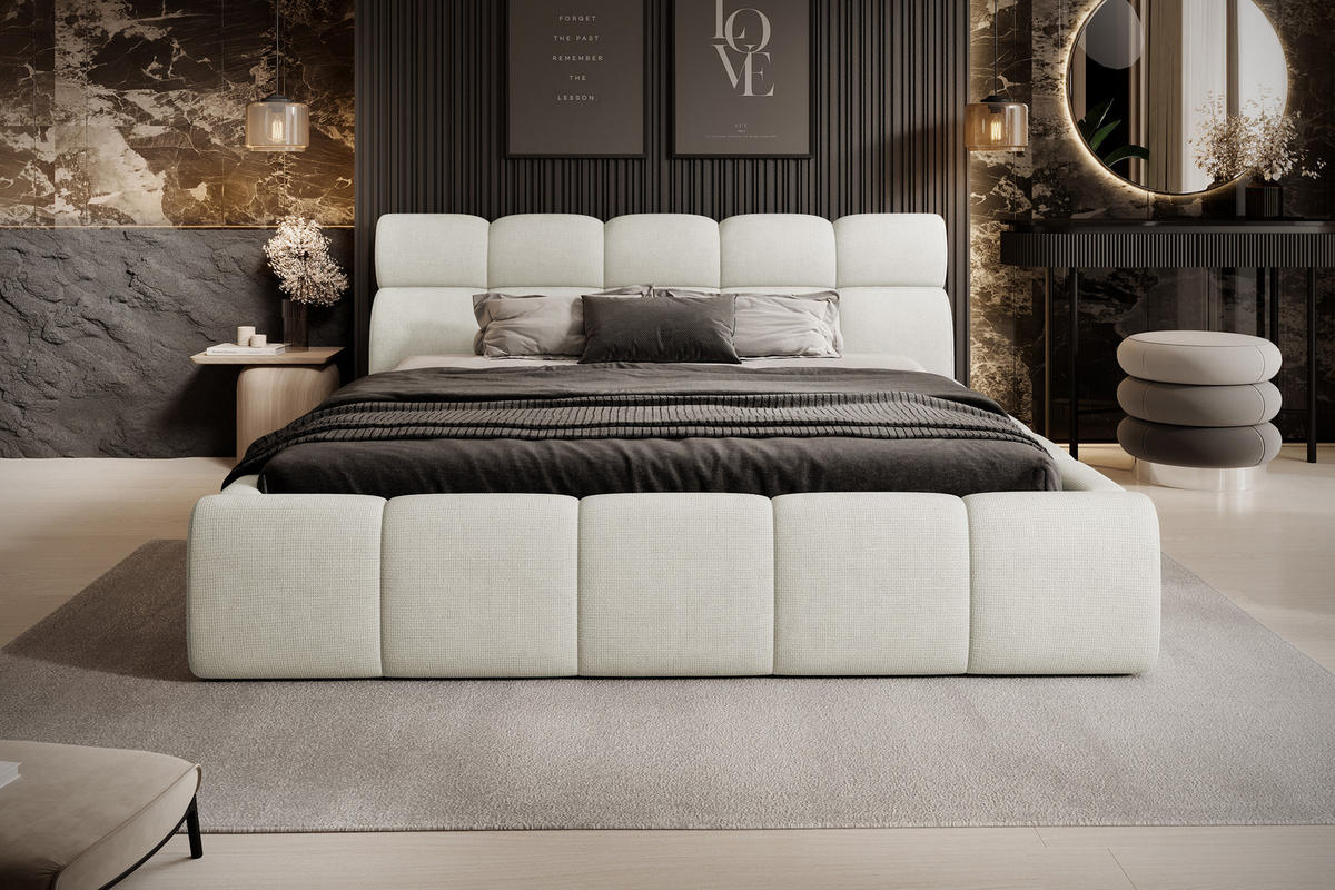 POLSTERBETT GIULIA, komfortabel, mit Bettkasten, verstellbarem Kopfteil und LED, 180x200x96 cm, Farbe Creme - Creme/Schwarz, Holzwerkstoff/Kunststoff (180/200cm) - DomoHome