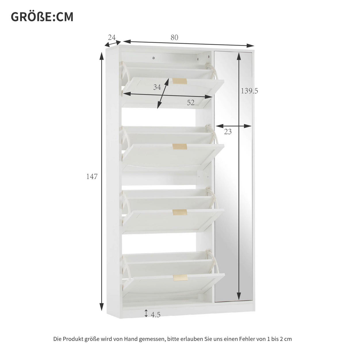 SCHUHSCHRANK aus Spanplatte 80x24x147cm in Weiß mit Spiegeltüren - Weiß, Holzwerkstoff (80/147/24cm) - Modfu