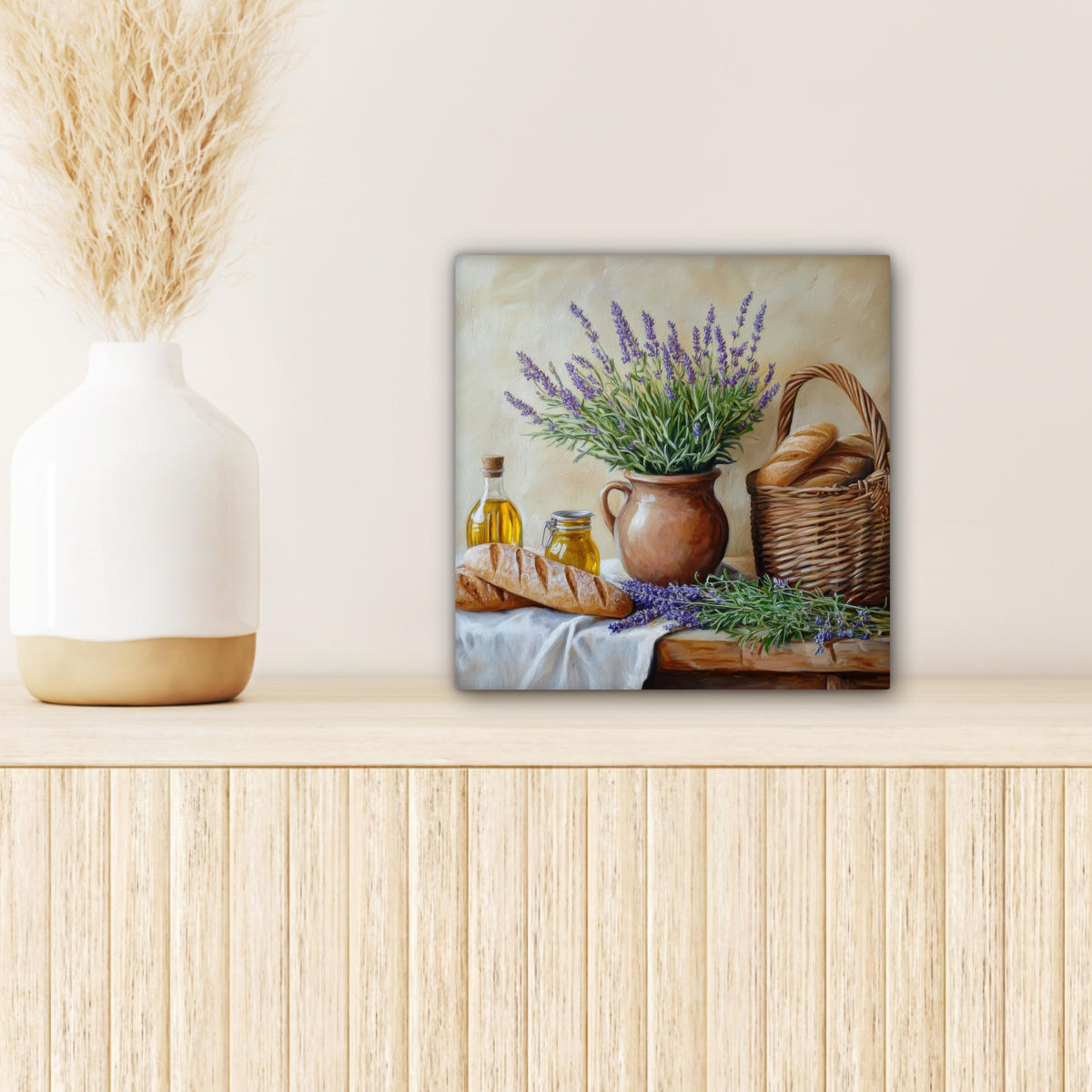 LEINWANDBILD Lavendel - Brot - Stilleben 20x20 cm - Flieder, Textil (20/20cm) - MuchoWow