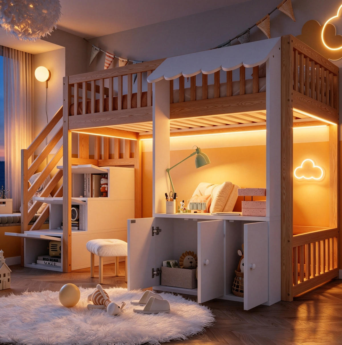 HOCHBETT aus Kiefernholz, Sperrholz und MDF 90x200 cm Holzfarbe mit Stauraumtreppe, LED-Lichtleiste und Stauraum - Naturfarben, Holz (90/200cm) - Modfu