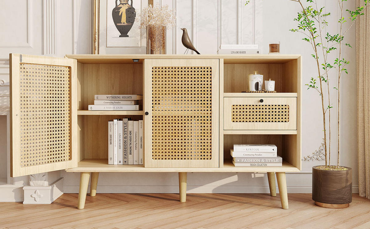 SIDEBOARD 120/40/80 cm, Eiche-Optik mit Rattan-Details, 1 Schublade und 2 magnetische Türen, verstellbare Einlegeböden, Eiche - Eichefarben, Holzwerkstoff (120/80/40cm) - Redom