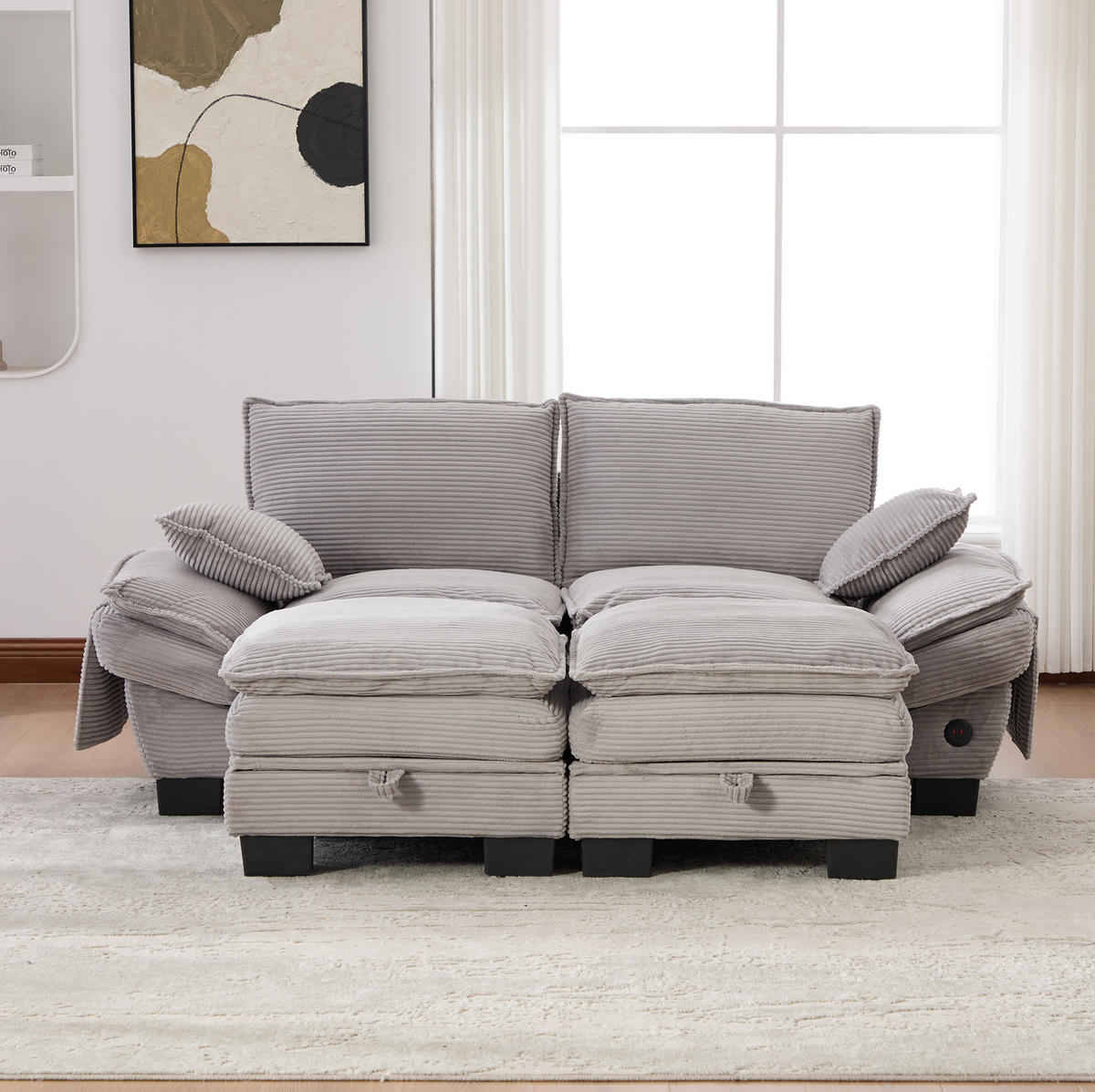 SOFA modular 2-Sitzer mit 2 Hockern Corduroy Light Gray - Hellgrau, Holzwerkstoff (132/84/190cm) - Meubliv