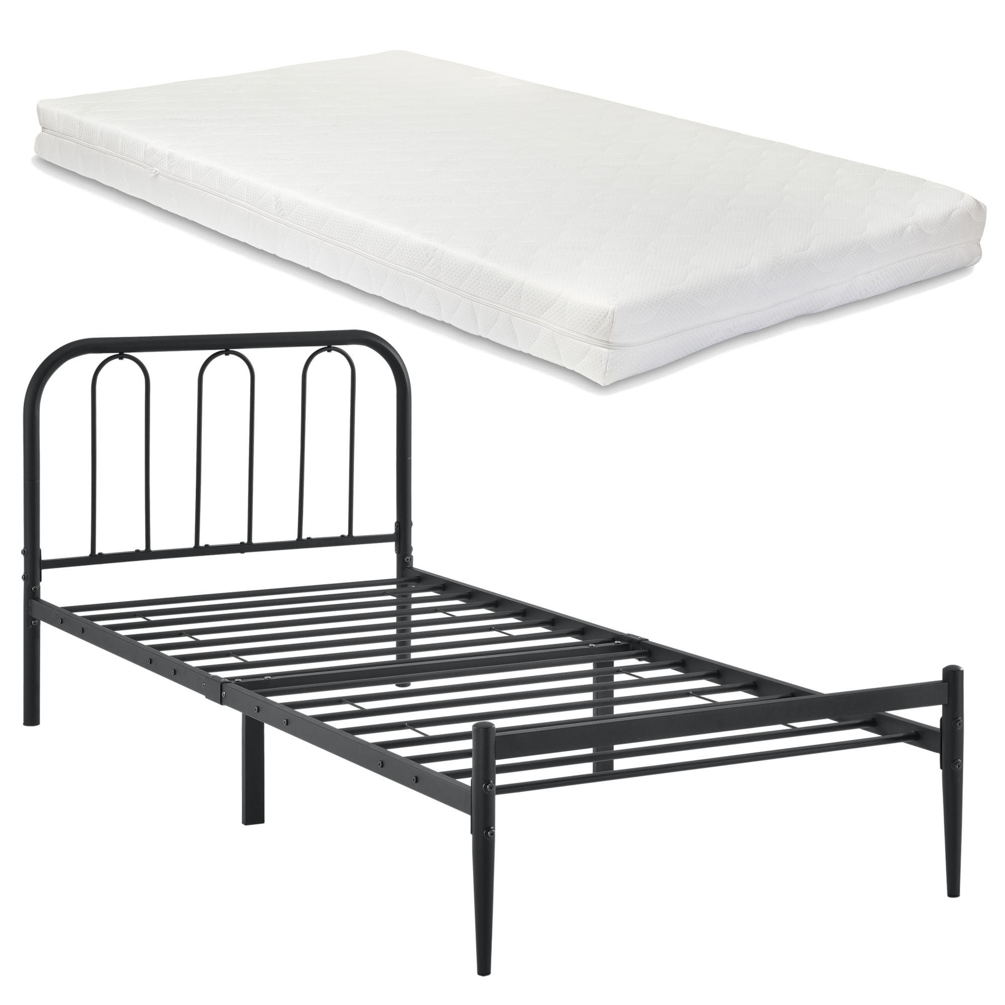 METALLBETT Hanko mit Matratze - Schwarz, Textil/Metall (90/200cm) - [en.casa]