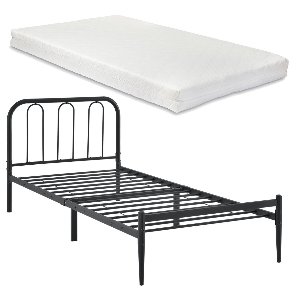 METALLBETT Hanko mit Matratze - Schwarz, Textil/Metall (90/200cm) - [en.casa]