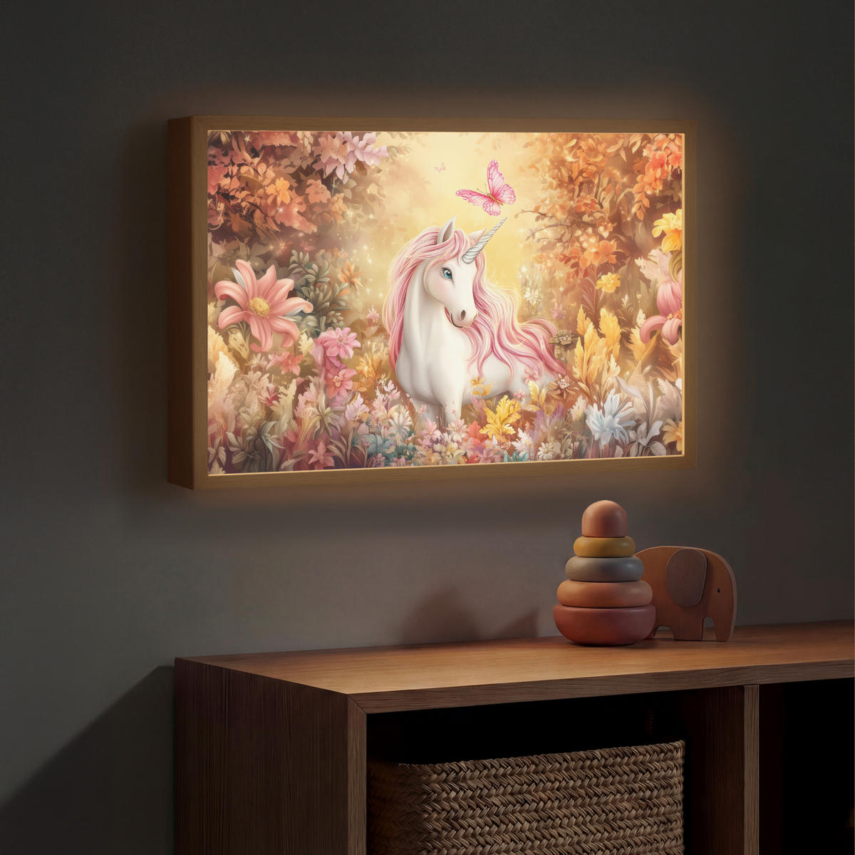 DOBÍJECÍ NOČNÍ LAMPIČKA Jednorožec - Květiny - Motýl - Růžová 60x40 cm - béžová, kompozitní dřevo (8/60/40cm) - OnlyWow
