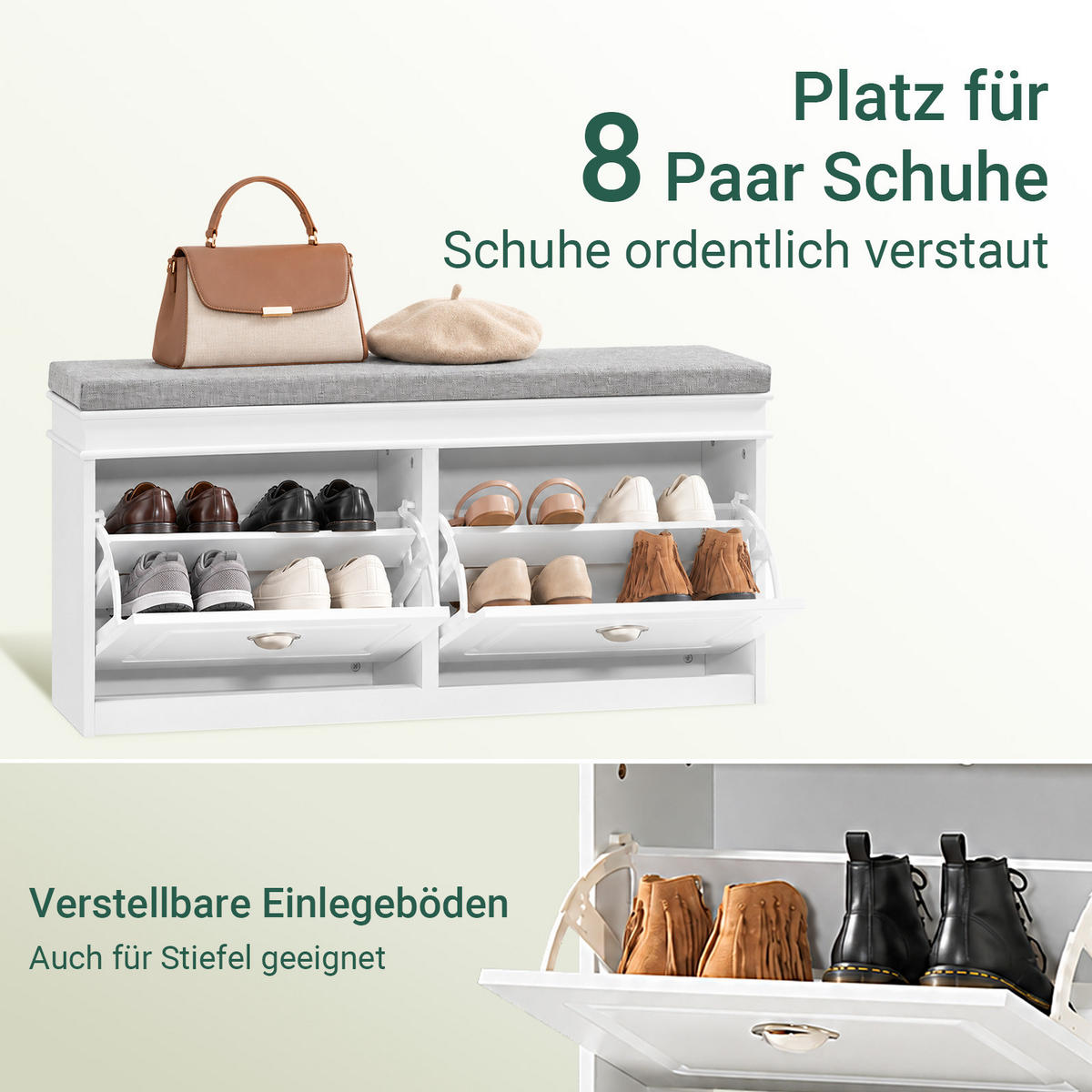 SCHUHBANK weiß, 104x52x24 cm, 2 Klappen für 8 Paar, Sitzpolster, bis 150 kg, schmal für Flur & Diele - Weiß, Holzwerkstoff (104/52/24cm) - SoBuy