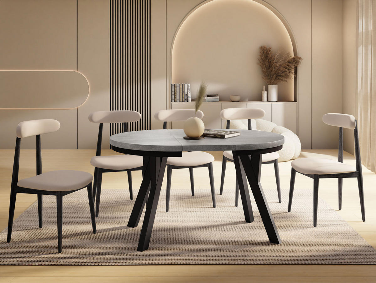 ESSTISCH Strato Black runder ausziehbarer, Beton grau 100-140/100/77 cm - Hellgrau/Schwarz, Holz/Holzwerkstoff (100/100/77cm) - WFL GROUP