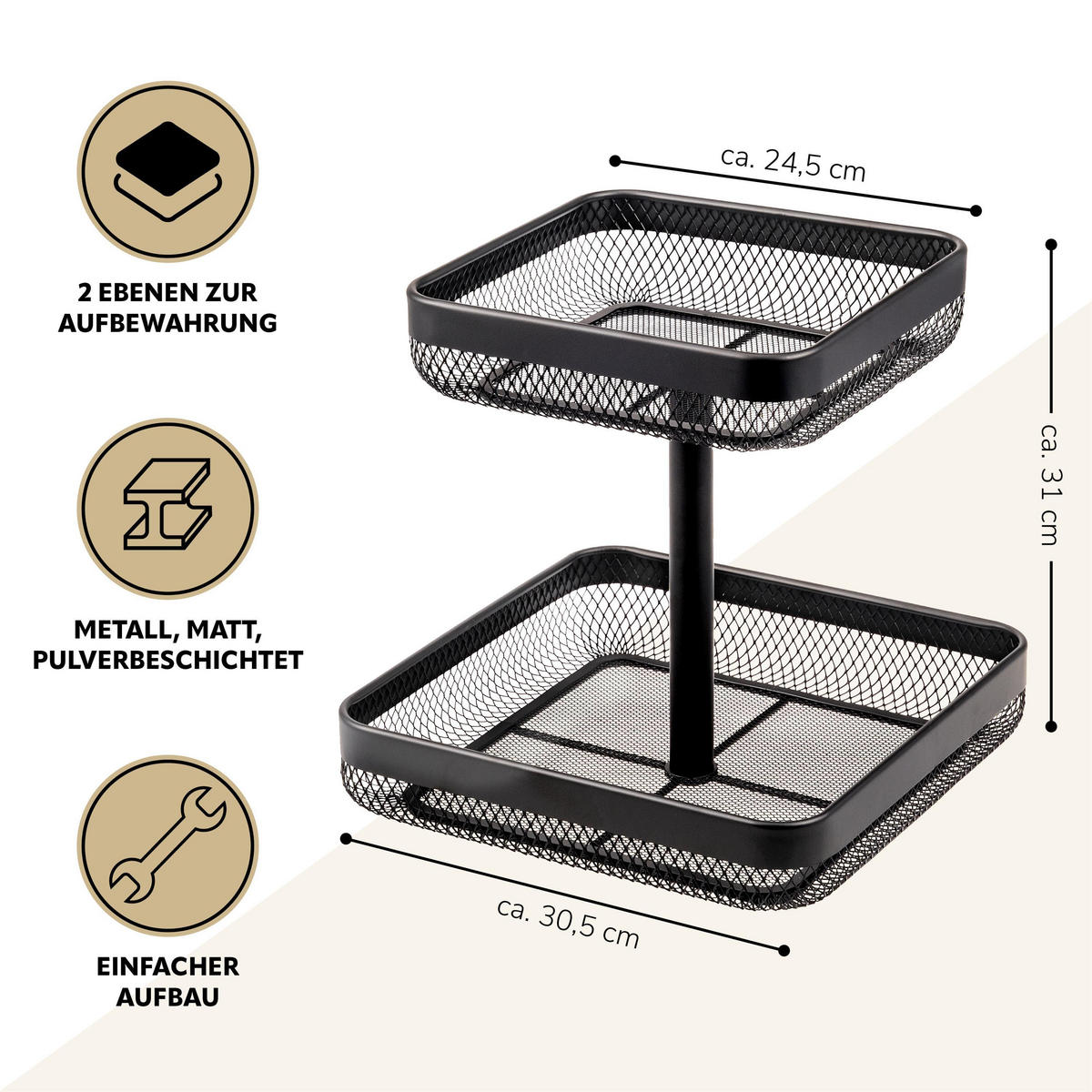 OBSTETAGERE 2-STÖCKIG eckig Metall schwarz - Schwarz, Metall (30/31cm) - eluno