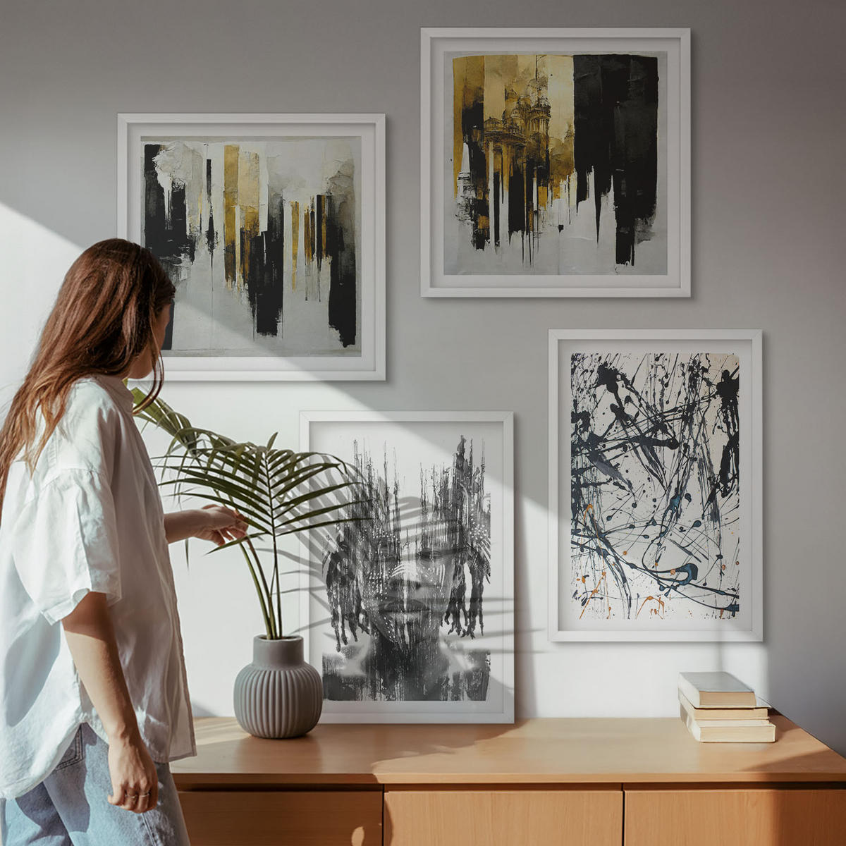BILDER SET 4er Set - 50x50 cm & 40x60 cm Weißer Rahmen - Kontrastierende abstrakte Porträts - Weiß, Kunststoff (50/50cm) - TULUP