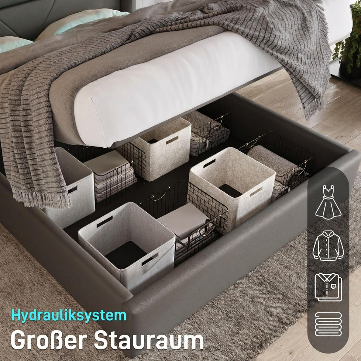POLSTERBETT 140/200 cm Grau mit LED-Beleuchtungsleiste und Fernbedienung - Grau, Leder (140/200cm) - Oxeza
