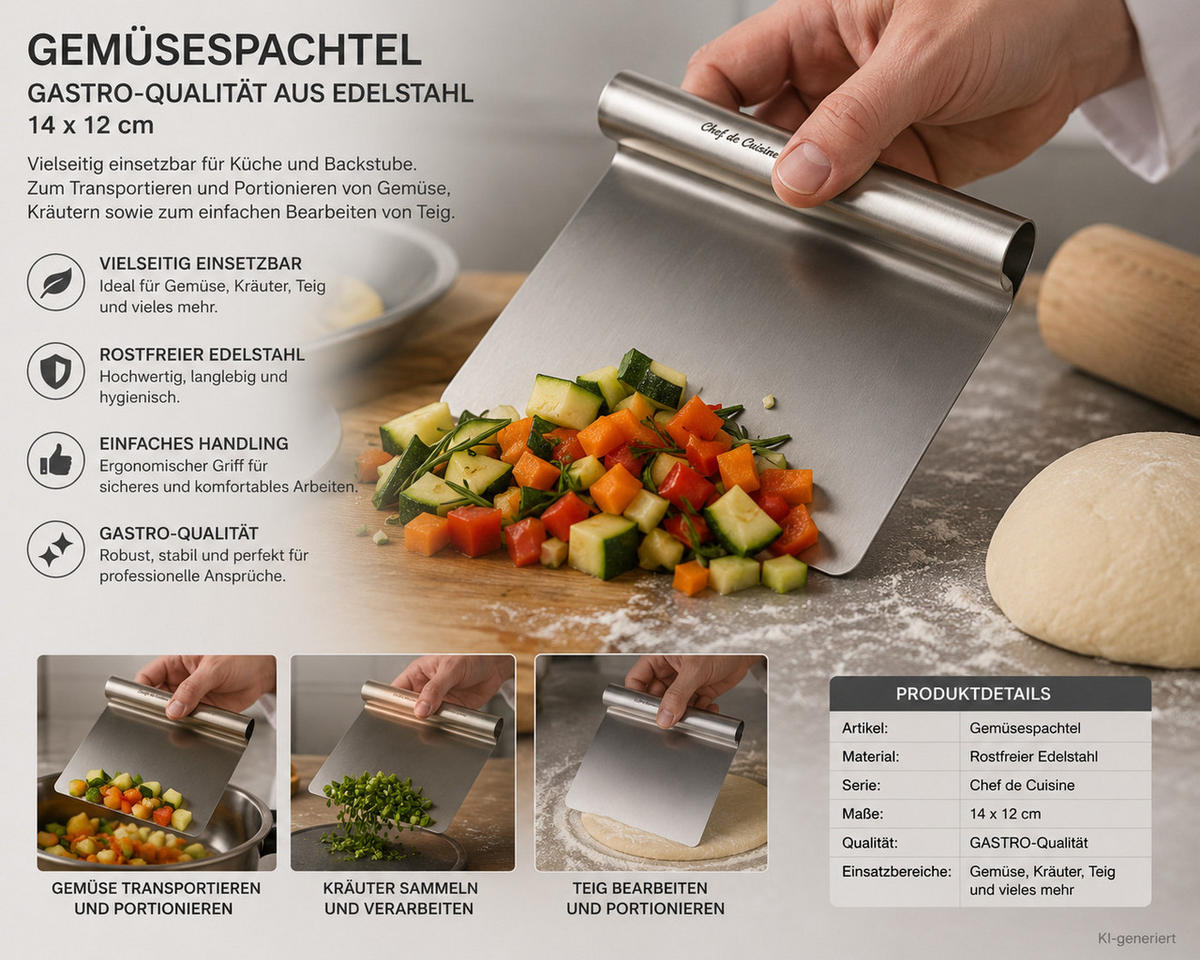 GEMÜSESPACHTEL, Gemüseschaufel, Teigspachtel rostfreies Edelstahl in GASTRO Qualität 14 x 12 cm - Grau, Paraffin (14/5.5/12cm) - HH Haushalt
