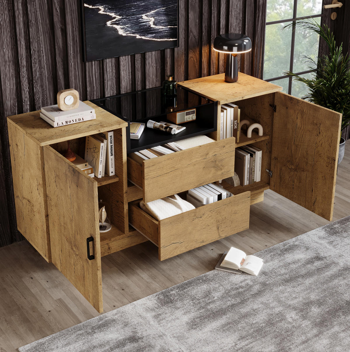 SIDEBOARD 140/40/70 cm s 2 zásuvkami, 2 skříňkami a otevřenou přihrádkou, z ESG skla, Světlý dub - barva dubu, kompozitní dřevo (140/70/40cm) - Redom