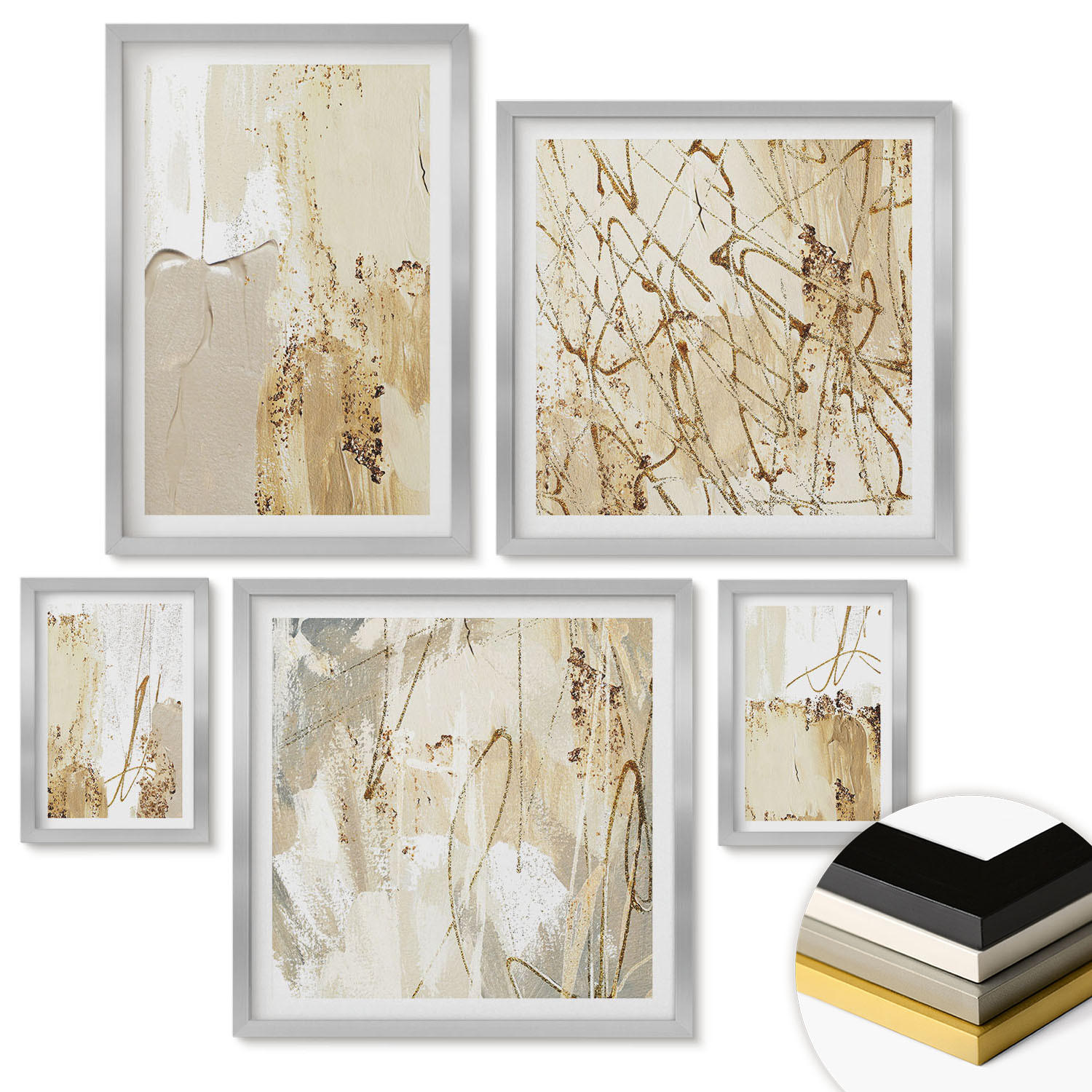 WANDBILDER 5er Set - 50x50 cm & 20x30 cm & 40x60 cm Silberner Rahmen - Retro-Blumenmuster aus verschiedenen Städten - Silberfarben, Kunststoff (40/60cm) - ArtPrintCave
